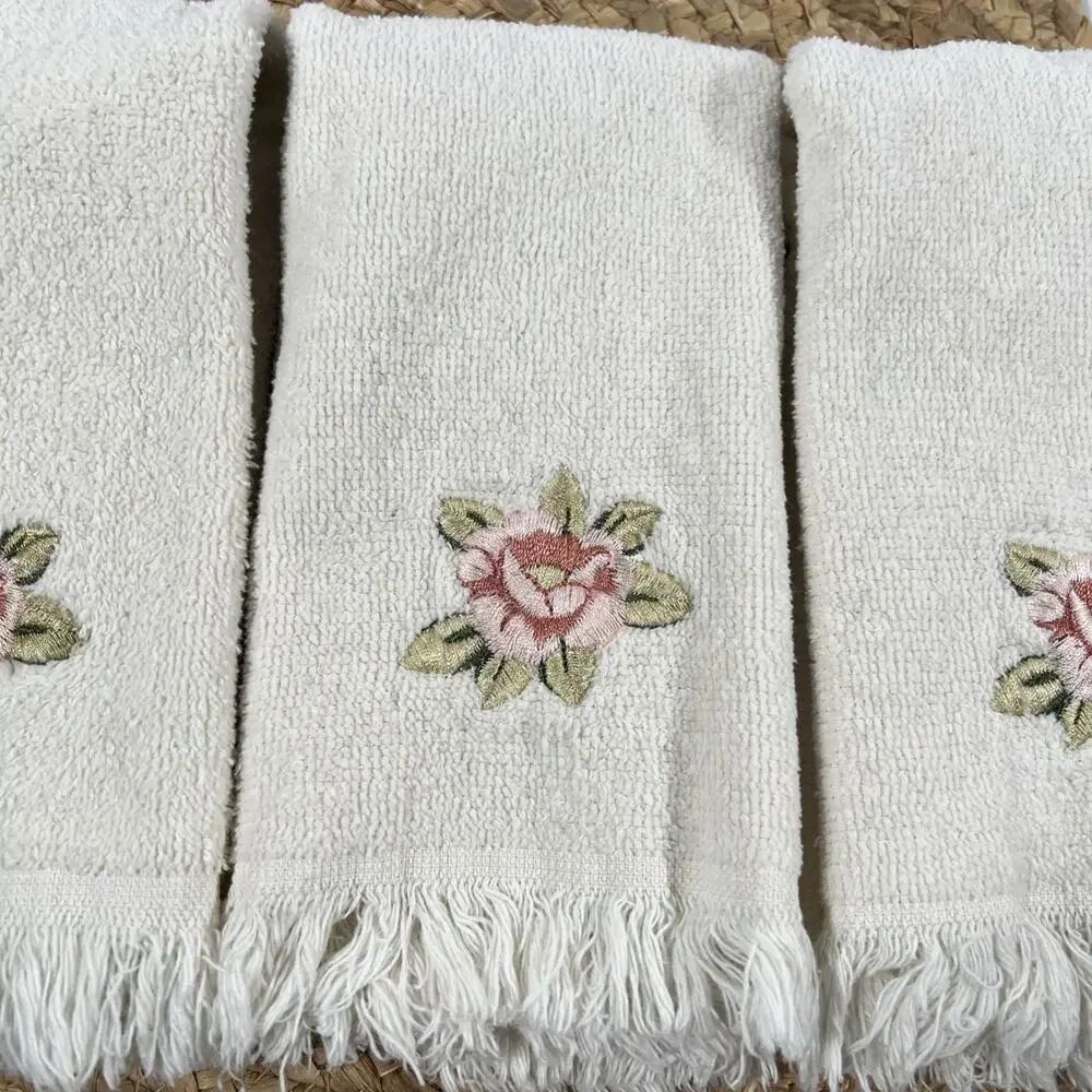 Vintage Set of 3 Avanti Ivory Pink Flower Rose Fingertip Hand Towels 100% Cotton
